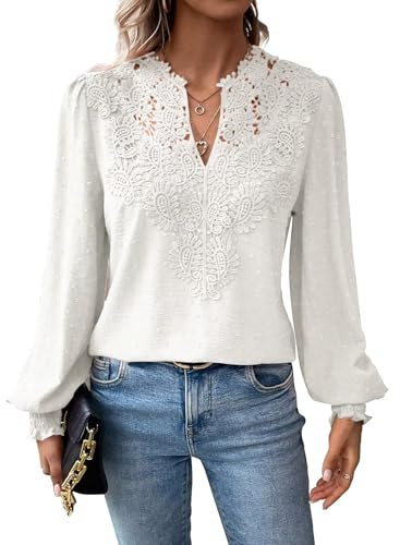 TUUHAW Women Tops V Neck Long Sleeve Shirts Swiss Dot Flowy Boho Lace Top | Crochet Casual Blouses, Basic Sexy Peplum T Shirt, Smocked Spring Clothing, Autumn Ladies Daily Outfits, Eyelet Embroidery