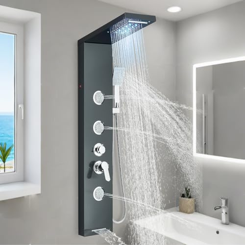 Rozin Pannello doccia con rubinetto, colore nero, pannello doccia a LED, montaggio a parete, 5 funzioni, sistema doccia in acciaio inox con precipitazione, soffione a cascata, spruzzatore a mano