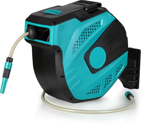 GOPLUS Enrollador de Manguera de Riego de Pared 15+1,5 M/20+2 M/30 M, Carrete Giratorio 180° con Soporte de Pared, Enrollado Automático, Kit Completo Retráctil para Césped, Jardín, Coche (20m)