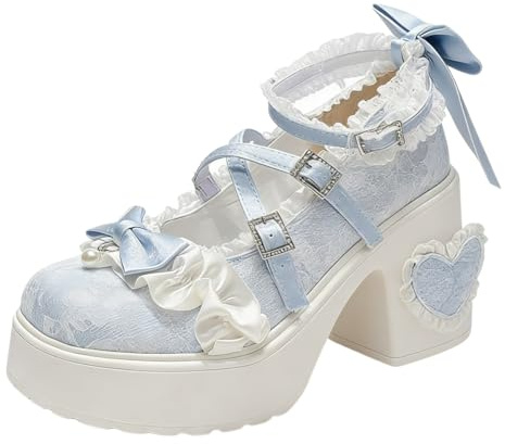 DINTAHA Blue Kawaii Lolita Cosplay Shoes Chunky Platform Mary Jane Heels with Bow High Heeled Court Shoes