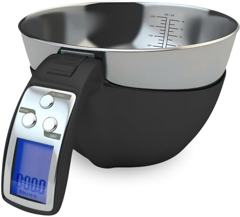 Fradel Digital Kitchen Food Scale with Bowl (Removable) and Measuring Cup - Stainless Steel, Backlight, 11lbs Capacity - Cooking, Baking, Gym, Diet - Precise Measuring (Black)
