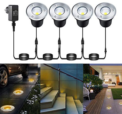 Greenclick 4 in 1 LED Bodenlicht Bodeneinbauleuchten COB 3w 12v Ø65mm, IP67 wasserdicht warmweiß Bodeneinbaustrahler mit Stecker für Terrasse, Rasen Terrassenstrahler Garten Treppen, Gehweg, Auffahrt
