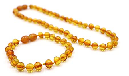 Bernstein Halskette & Armband Geschenkset, Mehrere Farben, Unisex, Halskette 32 cm, Armband 14 cm, Baltische Bernsteinkette (Light Cognac)