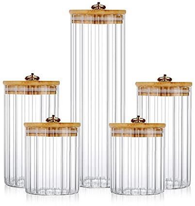 FANTESTICRYAN Glass Storage Jars Set of 5, Decorative Coffee Bar Container with Airtight Bamboo Lid Metal Ring for Home Kitchen Storing Candy, Cookie, Pasta, Nuts, Oatmeal and Bathroom Salt