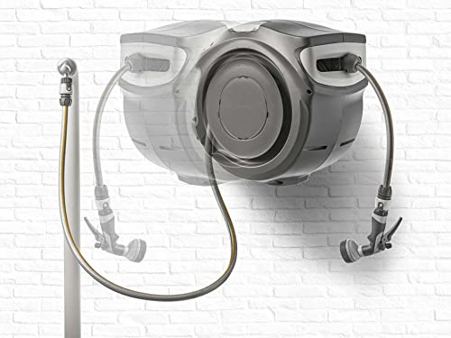 G.F. SRL, REWALL GLOBO Avvolgitubo Automatico da Parete per l'Irrigazione del Giardino, con 25 metri di tubo, Orientabile 180°, con Pistola Irrigazione 8 getti, prodotto nel Regno Unito, Grigio scuro