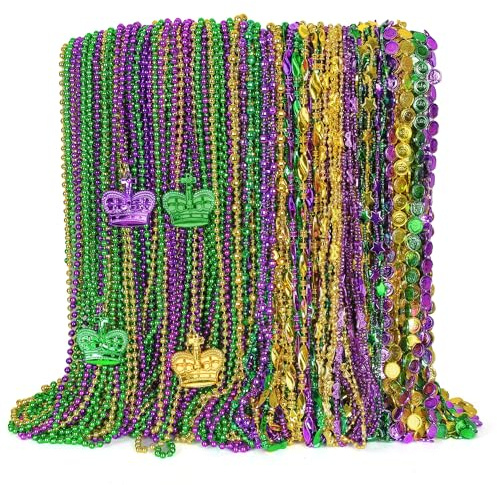 100PCS Mardi Gras Accessories, 11 Kinds Mardi Gras Beads Coins Mask Shape Necklace, Metallic Green Purple Gold Beads Parade Throw Costumes, Festival Carnivals Celebration Events Party Throws Supplies