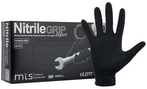 MTS Safety & Protection Einweghandschuhe L - 50 Stück/Box Nitrilhandschuhe Schwarz Handschuhe Nitril Diamantstruktur Grip - Einmalhandschuhe Puderfreie & Latexfreie Gummihandschuhe (L, 50 Stück)