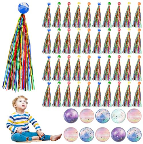 WuGU Hüpfbälle für Kinder, Gummiball Spielzeug, 40 Stück Flummi mit Farbige Bänder+10 Stück Planeten Flummis, Springball Flummies für Mitgebsel Kindergeburtstag/Party/Mitbringsel Gastgeschenke