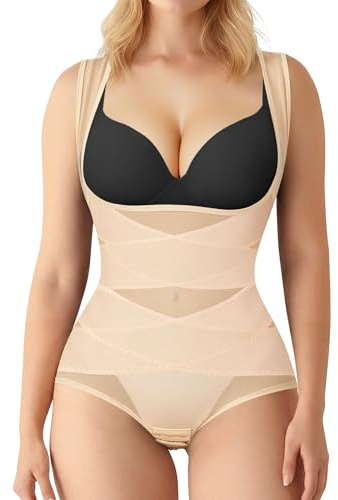 BRABIC Mesh Shapewear Bodysuit Tummy Control for Women Plus Size Faja Body Shaper Bodysuit Butt Lifter(Beige,X-Large)