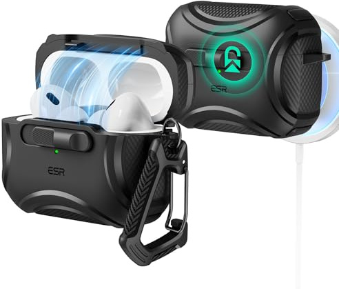 ESR für AirPods Pro 2 Hülle, kompatibel mit AirPods Pro 2./1. Generation (2023/2022/2019), USB-C/Lightning Kabel, MagSafe bereit, sicherer Verschluss, einfaches Öffnen, Cyber-Serie, Schwarz