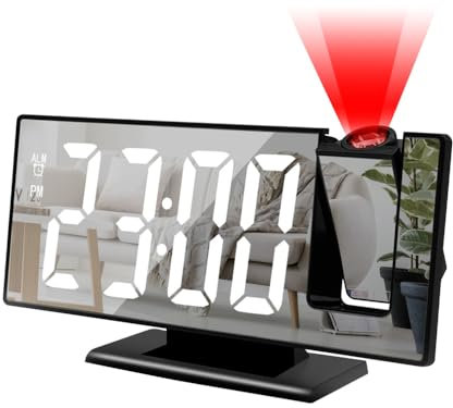 Radio Reveil Projecteur Plafond, Réveil Graduable à 3 Niveaux, Petite Horloge Numérique à 18.5cm Ecran Miroir, Projecteur Rotatif à 180 °, pour Maison Chambre