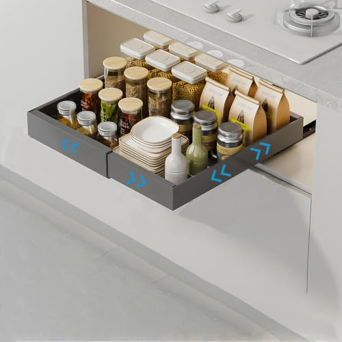 JOUING Cajón Telescópico Cajones Extraíbles Para Armario Acero al Carbono Organizadores Bajo Fregadero No Requiere Taladrar ni Clavar de Cocina, Despensa, Baño (Gris, 1pieza)
