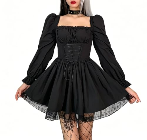 DINGJIUYAN Long Sleeve Dress Women Square Neck Ruched Corset Mini Dresses Vintage Lolita Gothic Pleated Milkmaid Dress Black L