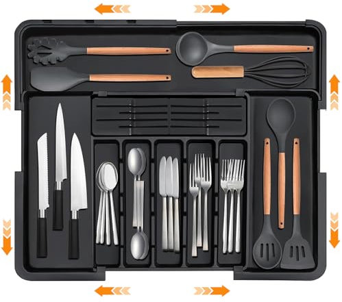 Portaposate da Cassetto, Porta Posate Cucina Cassetto con 9 Scomparti, Espandibile Porta Utensili da Cucina, Plastica Organizer Cassetti Cucina, Portaposate per Cucchiai Forchette Coltelli Grandi Nero