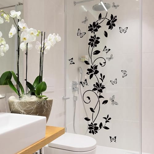 Black Flower Wall Stickers for Bathroom, Vines and Butterfly Wall Decals Vinyl Peel and Stick, Removable Art Decoration for Living Room Bedroom Door Murals