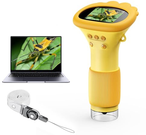 Daxiongmao Kinder Mikroskop mit 2,0 Zoll IPS-Display, USB-Anschluss für PC, 8 LED Beleuchtung, 200-1000x Vergrößerung, Handliches Taschenmikroskop für Outdoor ab 3 Jahren Orange