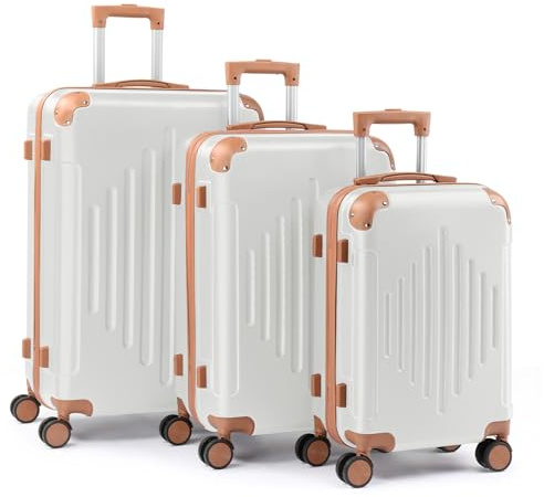 HOBBYZOO Suitcase Sets 3 Piece, Hardside ABS Lightweight Luggage Sets, Durable Trolley Travel Cabin Suitcase with Spinner Wheels & Inbuilt Locks for Business Trip, 20 24 28 - White & Brown