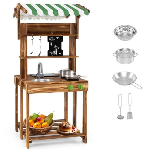 HOMASIS Cocina de barro 2 en 1 para niños al aire libre, cocina infantil con barbacoa, lavabo, fregadero, cocina de juegos de doble cara con accesorios y techo, cocina de juguete de madera de abeto