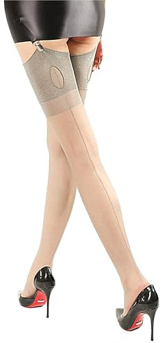 Luxallacki Vintage Keyhole Back Seam Hold-up Stockings, Cuban Heel Sheer Thigh-Highs for Retro Glamour (Gray,Medium)