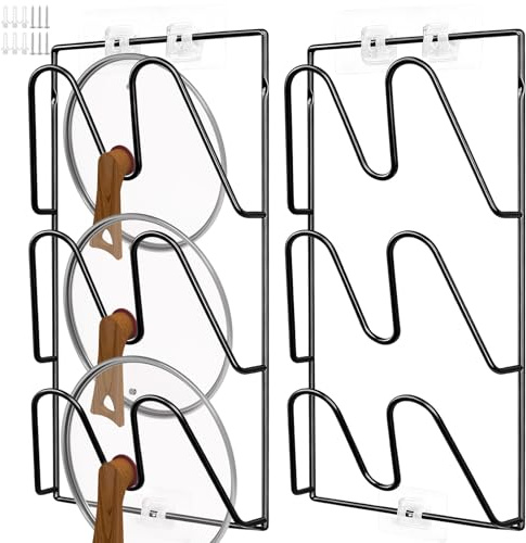 PENRUNKA Juego de 2 Soporte Tapas Ollas Autoadhesivo con 3 Ranuras, Organizador Sartenes y Ollas Pared, Estante Almacenamiento Puerta Armario de Utilización Eficiente Espacio Cocina