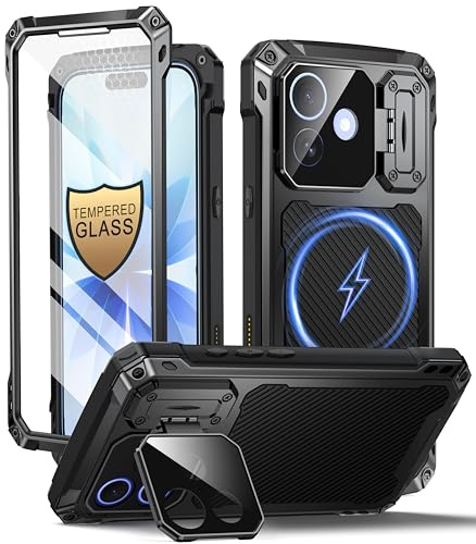 Beeasy Cover per iPhone 17 Metallo con Magsafe, Schermo in Vetro Temperato Protezione Fotocamera e Supporto, 360 Antiurto Militare Resistente Indistruttibile Armor Protezione Custodia, Nero