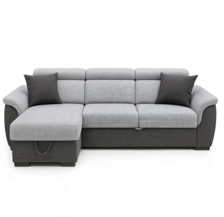 Domo Mea Divano Angolare Tony Grigio 3 Posti con Penisola Contenitore, Tessuto Grigio e Antracite, 226x175x77 cm, Trasformabile in Letto, Poggiatesta Reclinabili