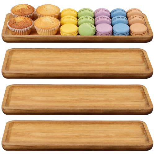 MANCHAP 4 Pack Wood Rectangle Serving Tray, 29 x 10.5 x 1.5cm Wooden Tray for Appetizer, Food Beverages Tea, Brown