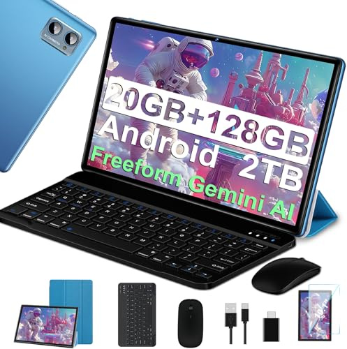 SUAAT Tablette 10 Pouces Android Octa Core avec 20Go RAM + 128Go ROM (2To TF) | 5G + 2.4G WiFi | FHD | GMS | Bluetooth 5.0 | 8MP + 5MP | Type C, Tablette Tactile avec étui, Clavier et Souris -Blu