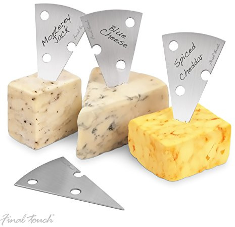 Final Touch Set of 4 Stainless Steel Cheese Markers Set | The Professional way to Display Cheese at a Party | Presentation Cheese labels For a Cheese Board | Includes Marker Pen