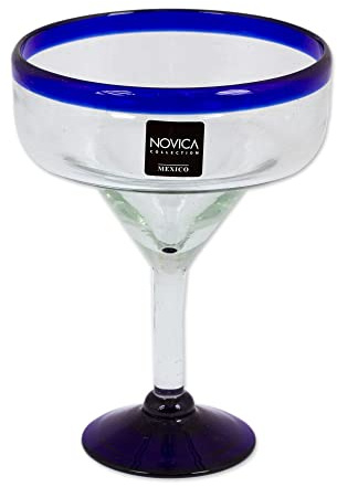 NOVICA - 284619 NOVICA Clear Blue Rim Glass Eco-Friendly Margarita Glasses, 13 Ounces, 'Cobalt Contrasts' (Set Of 6)