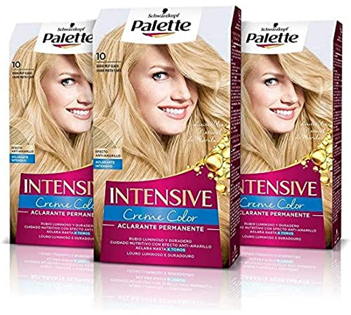 Palette Intensive Creme Color 10-0 Rubio Muy Claro, tinte permanente con aceite de macadamia y almendras, cubre el 100% de las canas y raíces, para un pelo radiante, Pack 3