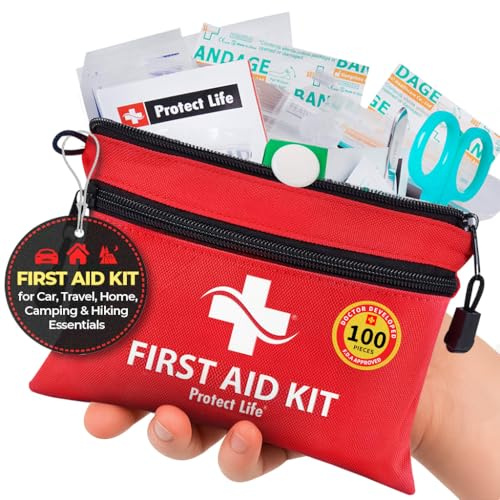 Protect Life First Aid Kit, Travel First Aid Kit for Car, 100 Piece Compact Emergency Preparedness Starter Kit for Home, Office, Camping, Hiking