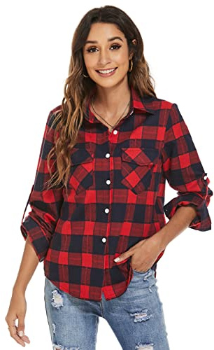 Ietaoo Chemisiers Femme Chemise à Carreaux Coton Manches Longues Flanelle Chemise Blouse Classique Décontractée Shirt pour Automne Hiver Printemps Rouge Bleu Marine L
