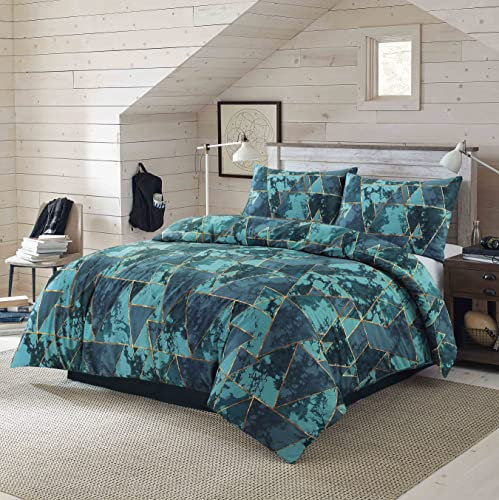 HOMES-LINEN Arlo Triangles Geometric Reversible Easy Care Printed Duvet Cover Bedding Set (Teal, Double)
