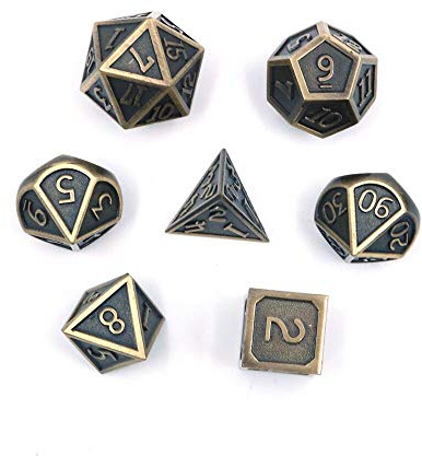 Fasizi Juego de 7 dados Juego de dados D&D poliédricos de metal sólido con bolsa de almacenamiento y aleación de zinc con esmalte para juegos de rol, mazmorras y dragones (chapado en rollo antiguo)