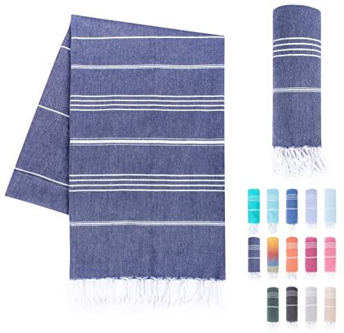 LAYNENBURG Hammam-handdukar i premiumkvalitet med handknutna fransar, 100 % bomull, XXL strandhandduk, Oeko-Tex 100, stor bastuhandduk och resehandduk, 95 x 180 cm (marinblå)
