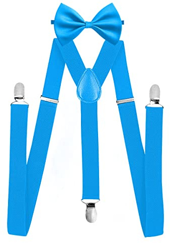 Jagowa Child Kids Clip-on Suspenders Adjustable Y Back Suspender Elastic Braces Suspenders and Bow Tie Set Blue