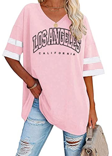 Tomwell Damen Los Angeles Tshirt mit V-Ausschnitt Kurzarm Sport T-Shirt Sommer Rundhals Oversized Oberteile Lose Tunika Lang für Teen Girls B Rosa L