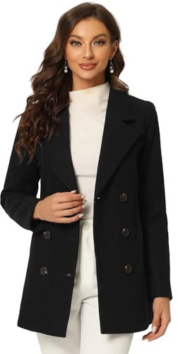 Allegra K Women's Winter Coats Long Sleeve Lapel Mid-thigh A-Line Outerwear Double Breasted Pea Coat Black S