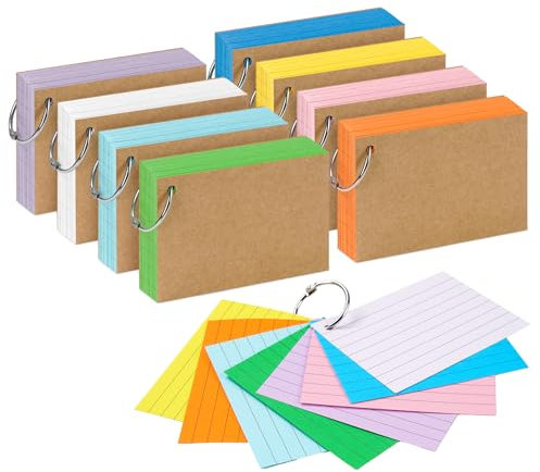 800 Stück Karteikarten A7, 8 Farben Lernkarten Beidseitig Liniert Groß, 180g/m² Vokabelkarten Bunt Flashcards mit 10 Metall-Ringen für Studienaufzeichnung, Unterwegs, Vokabel Lernen