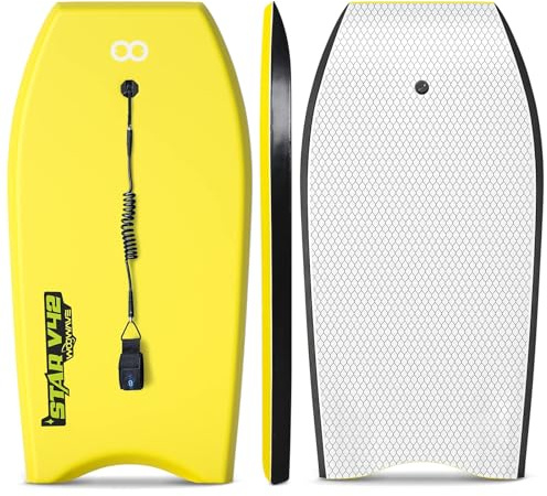 GEAVESS Bodyboard 33-inch/37-inch/42-inch Premium IXPE Body Board with Coiled Wrist Leash, Super Lightweight EPS Core and HDPE Slick Bottom, Perfect Surfing for Kids and Adults(Yellow, 42inch)