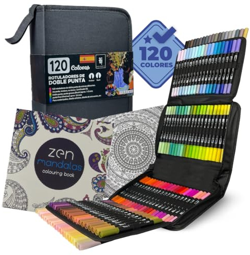 HALVERIA® Rotuladores Lettering 120 Colores | Doble Punta Pincel y Fina 0,4 mm | Estuche + Accesorios | Set Profesional para Caligrafía, Bullet Journal y Dibujo