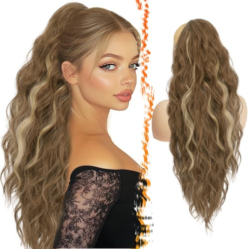 BARSDAR Coda Cavallo Extension con Coulisse, 66cm Lunga Ricci Ondulati Coda di Cavallo Capelli Extension per Donna, Sintetici Clip in Posticci Finta Capell, Cenere Marrone & Biondo