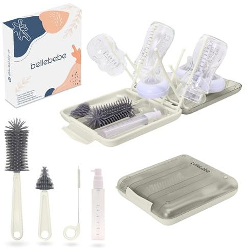 BELLEBEBE Set droppställ babyflaskor med flaskborste baby – 6-i-1 flaskställ – bärbar – BPA-fri