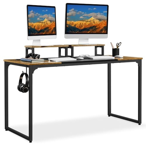 Yaheetech Escritorio con Soporte para Monitor 140x60x89cm Mesa de Computadora de Estilo Industrial para Oficina o Estudio Incluye 2 Orificios para Cables y Gancho en Tono Marrón Rústico