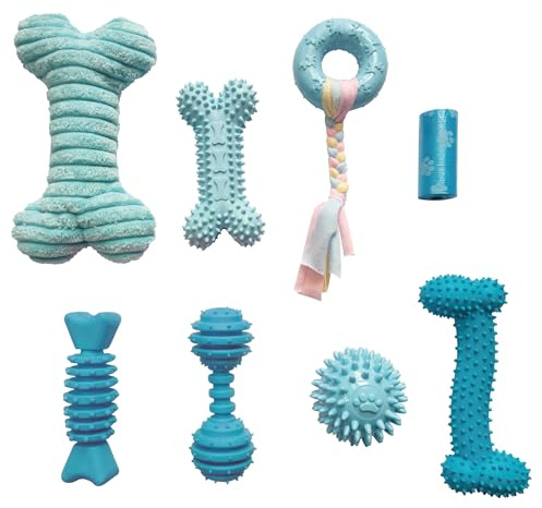 JWPET 8PCS Puppy Teething Toys Set - Interactive Dog Chew Toys with Ball & Cotton Ropes | Safe & Durable Teething Toys for Small Puppies & Medium Dogs | Includes Leak-Proof Poop Bags (Blue)
