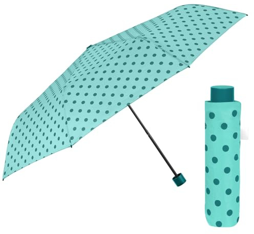 PERLETTI Regenschirm Kompakt Handtasche für Damen - Taschenschirm Manuell für Frauen Mädchen - Damenschirm Regen Schirm Sturmfest Leicht Mini - Durchmesser 97 cm (Hellblau mit Punkten)