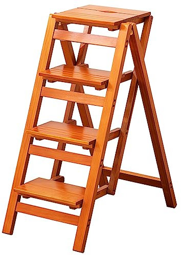 Honey Color Solid Wood Folding Ladder - Multi-Functional Decorative Staircase for Home, Library, Kitchen & Flower Shelves - Stylish & Space-Saving Design