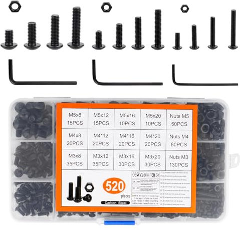 520 PiècesVis M3 M4 M5, Vis à Tête Bombée à Six Pans Creux avec écrous, Boulons a Tête Cylindrique à Tete Hexagonale avec Écrous, Assortiment de Boutons a Six Pans Creux avec Ecrous, Noires