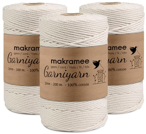 Makramégarn 3 mm premiumset – 600 m bomullssnöre 100 % bomull för makramé, vägghängare, växthängare, gör-det-själv-hantverk och hantverk – högkvalitativt makramégarn bomullsgarn naturligt 3 x 200 m